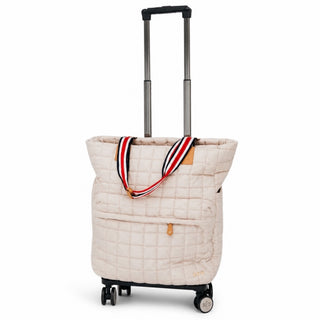 Pretty Simple Jetsetter Quilted Rolling Tote in Tan attached to rolling luggage with removable quilted tote, front view for travel and everyday use.