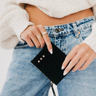  Pretty Simple Kat Suede Wallet in black with woven suede design, gold stud accents and wristlet strap