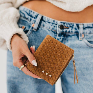 Pretty Simple Kat Suede Wallet in camel with woven suede design, gold stud accents and wristlet strap