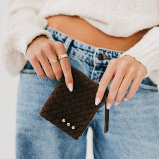  Pretty Simple Kat Suede Wallet in chocolate brown with woven suede design, gold stud accents and wristlet strap