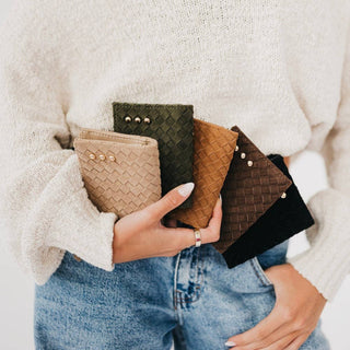 Pretty Simple Kat Suede Wallet collection in taupe, olive, cognac, chocolate brown and black woven suede colors