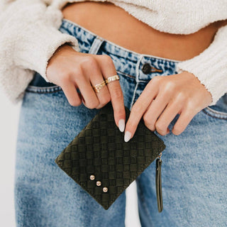  Pretty Simple Kat Suede Wallet in olive green with woven suede design, gold stud accents and wristlet strap