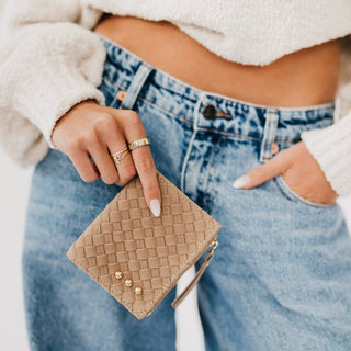 Pretty Simple Kat Suede Wallet in taupe with woven suede design, gold stud accents and wristlet strap