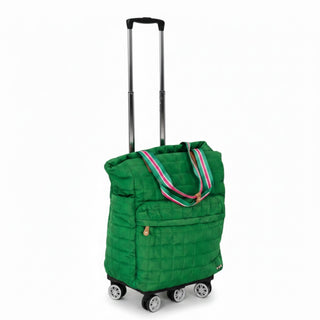 Emerald Green ALT text:
Pretty Simple Tenley quilted tote roller bag in emerald green with telescoping handle and wheels, front product view