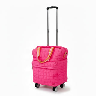 Pretty Simple Tenley quilted tote roller bag in hot pink with telescoping handle and wheels, front product view