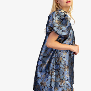 Metallic floral puff sleeve mini dress with ruffle neckline in gold and blue