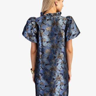 Metallic floral puff sleeve mini dress with ruffle neckline in gold and blue