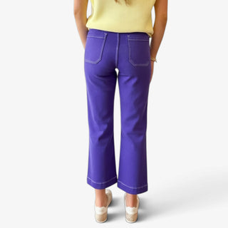  Purple Wide Leg Cropped Pant with contrast stitching, back patch pockets and cropped hem, back view