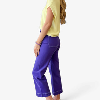 Purple Wide Leg Cropped Pant with cropped wide leg silhouette and back patch pocket, side view