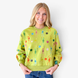 Queen of Sparkles lime green skeleton sweatshirt featuring multicolor skeleton embroidery and sequin details, close-up front view
