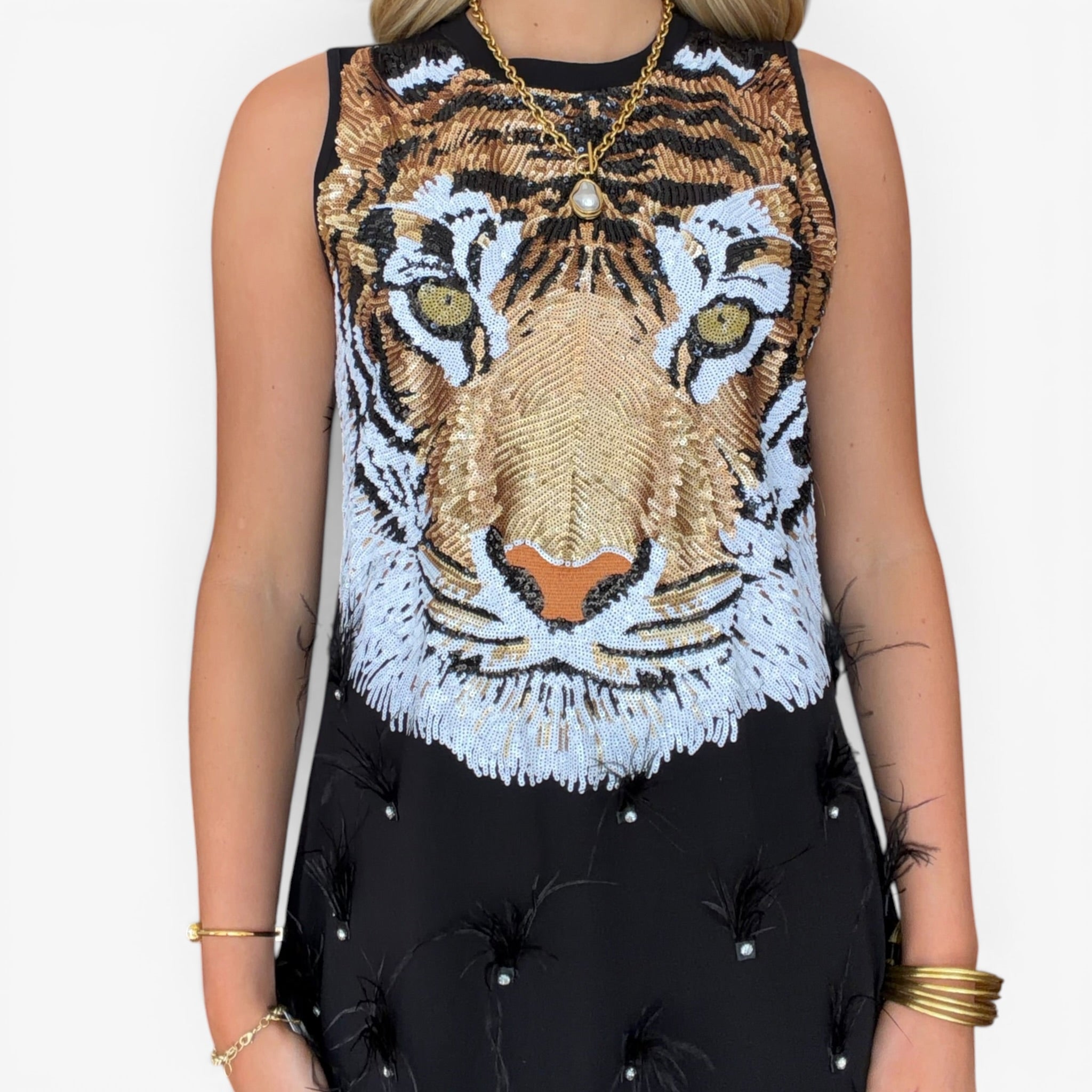 Queen of Sparkles LSU Black Sequin Tiger Feather Dress Small