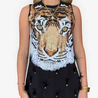 Queen of Sparkles LSU black sequin tiger dress featuring a large gold and white sequin tiger graphic, front detail view