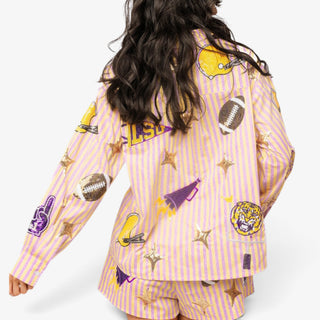 Queen of Sparkles LSU game day shirt back view with purple and gold stripes, sequin football, tiger, megaphone and LSU details