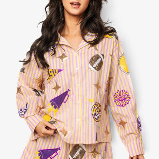 Queen of Sparkles LSU game day shirt front view with purple and gold stripes, sequin LSU, football and cheer details