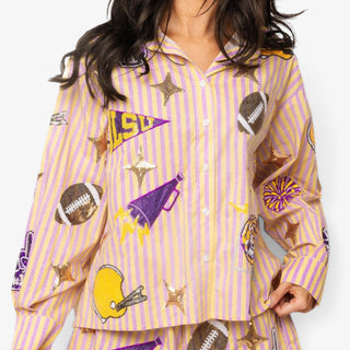 Queen of Sparkles LSU game day shirt close-up showing purple and gold stripes with sequin football, tiger, helmet and megaphone details