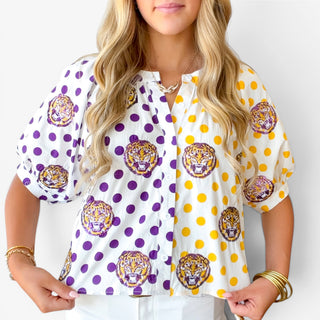 Queen of Sparkles LSU polka dot top featuring purple and gold split polka dot design and sequin tiger faces front view