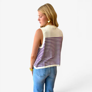 Queen of Sparkles LSU purple and white striped knit tank with ribbed trim, back view styled with cropped jeans for game day