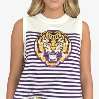 Queen of Sparkles LSU sequin tiger striped knit tank in purple and white, close-up detail view for game day outfits