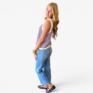 Queen of Sparkles LSU striped knit tank with a relaxed sleeveless fit, side view styled with cropped jeans for game day