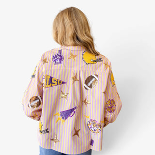 Queen of Sparkles LSU striped gameday long sleeve top with sequin LSU pennant and football motifs for LSU game day back view