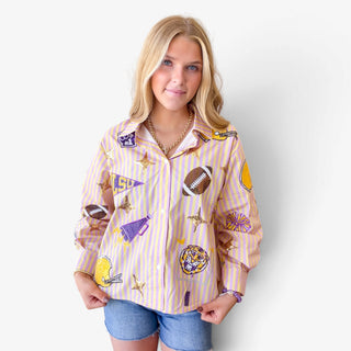  Queen of Sparkles LSU striped gameday long sleeve top with sequin LSU, football, helmet and pom detail for tailgate outfit front view