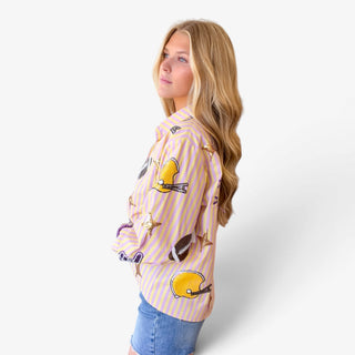 Queen of Sparkles LSU striped gameday long sleeve top with purple and gold striped fabric and sequin sleeve details side view