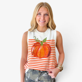 Queen of Sparkles ivory and orange striped pumpkin knit tank with large sequin pumpkin detail, close-up front view