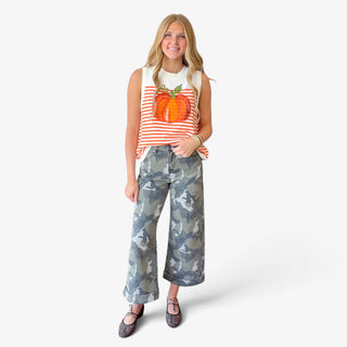 Queen of Sparkles ivory and orange striped pumpkin knit tank with sequin pumpkin design, full front view