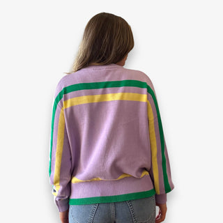 Queen of Sparkles lilac Queen Cake striped Mardi Gras sweater with sequin graphic and green and yellow trim.