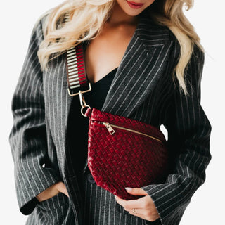 Westlyn Bum Bag in Sangria Red with woven design and gold zipper hardware