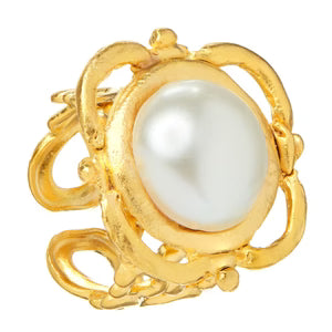 Susan Shaw 24K gold scroll ring with luminous pearl centerpiece, handcrafted and adjustable