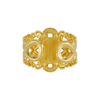 Susan Shaw 24K gold scroll ring with luminous pearl centerpiece, handcrafted and adjustable