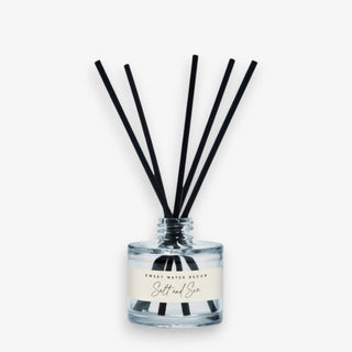 Salt and Sea Reed Diffuser with black sticks in a powder blue bottle on a white background