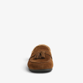  Sam Edelman Astrid Cozy brown suede mule with tassel detail and shearling trim, front view