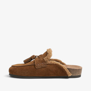  Sam Edelman Astrid Cozy brown suede mule with shearling trim and tassel detail, left side view