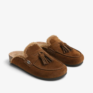 Sam Edelman Astrid Cozy brown suede mules with shearling trim and tassel detail, angled pair view