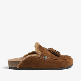 Sam Edelman Astrid Cozy brown suede mule with shearling lining and tassel detail, right side view