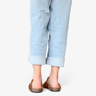 Sam Edelman Astrid Cozy Suede Mule in Warm Nutmeg shown from the back with open heel and cozy lining.