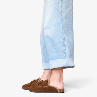 Sam Edelman Astrid Cozy Suede Mule in Warm Nutmeg shown from the side with tassel detail and cozy lining.