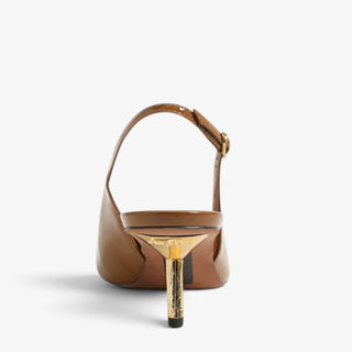 Sam Edelman Bianka brown patent slingback pump showing adjustable strap and metallic gold kitten heel, back view