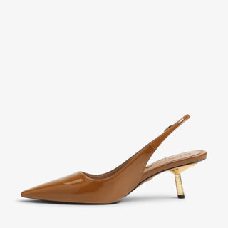 Sam Edelman Bianka brown patent slingback pumps featuring pointed toes and gold heels, close angled detail view
