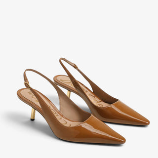 Sam Edelman Bianka brown patent slingback pumps with pointed toes and gold kitten heels, angled pair view