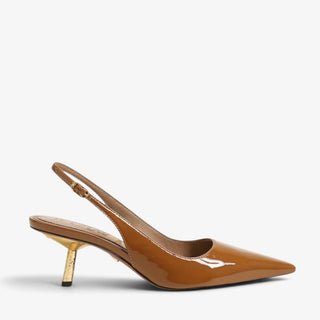 Sam Edelman Bianka brown patent slingback pump with pointed toe and metallic gold kitten heel, side view