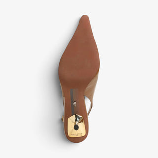 Sam Edelman Bianka brown patent slingback pump showing pointed toe shape, outsole and gold heel, bottom view