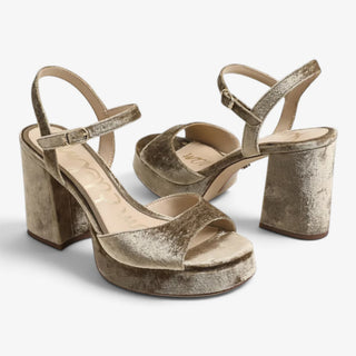 Sam Edelman Fleur Brown Mushroom velvet platform sandals pair angled view with open toes, ankle straps and block heels