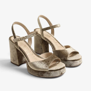 Sam Edelman Fleur brown velvet platform sandals with ankle straps and chunky block heels, three-quarter pair view