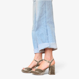  Sam Edelman Fleur brown velvet platform sandal shown from the side with ankle strap, open toe and block heel.