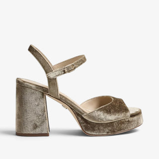 Sam Edelman Fleur brown velvet platform sandal side view showing open toe, ankle strap, platform and block heel