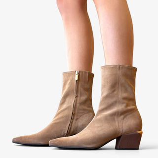 Sam Edelman Harmony 2 Bootie in truffle suede with pointed toe, inner zipper and block heel, angled side view
