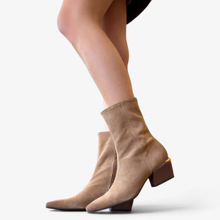  Sam Edelman Harmony 2 Bootie in truffle suede with pointed toe and sculpted block heel, side view